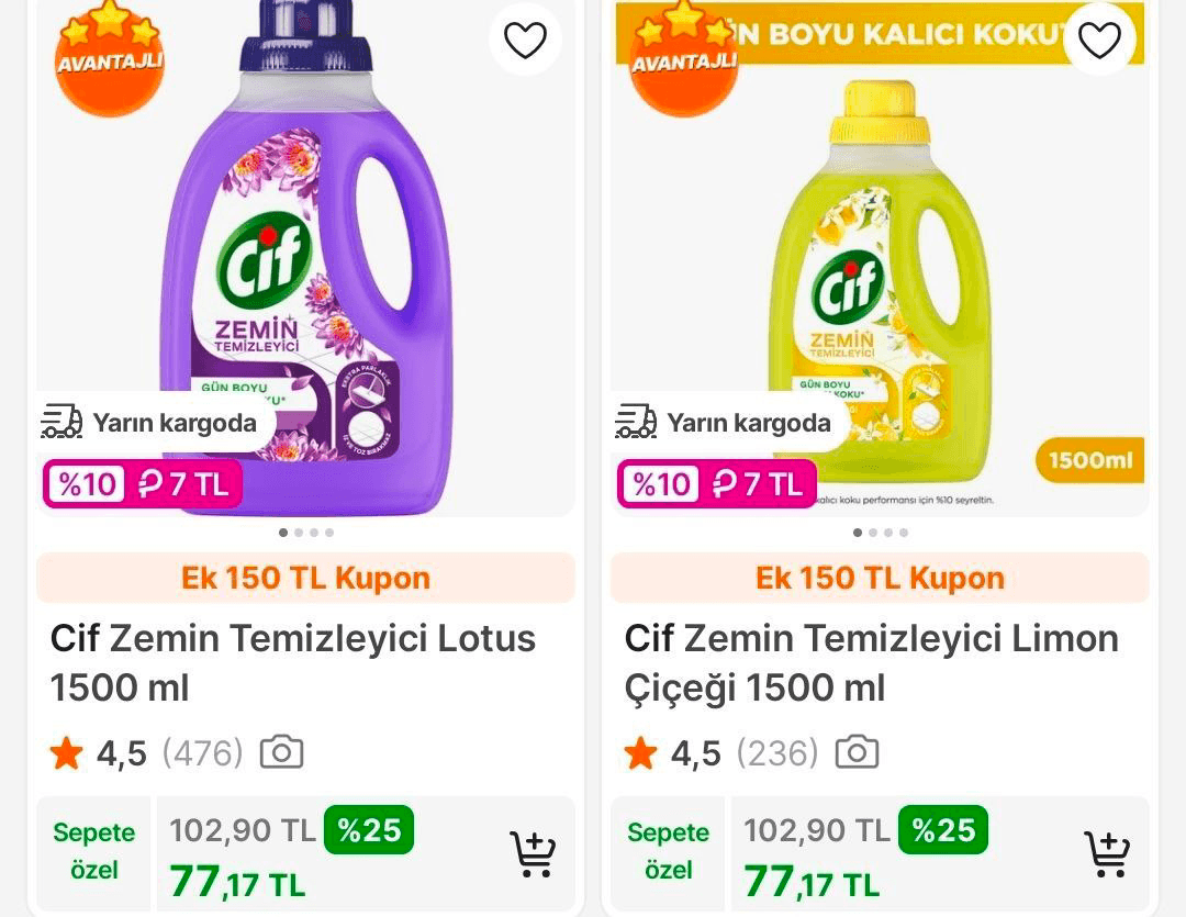 Cif yüzey temizleyiciler %10 Hepsipara iadesi ile 70 TL'ye geliyor