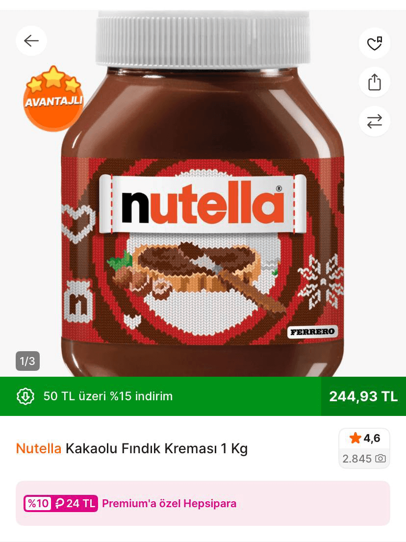 kaçırmayın Nutella Kakaolu Fındık Kreması 1 Kg 244 TL ye Düştü