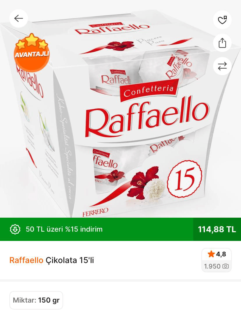 Raffaello Çikolata 15'li 114 TL ye Düştü Kaçırmayın
